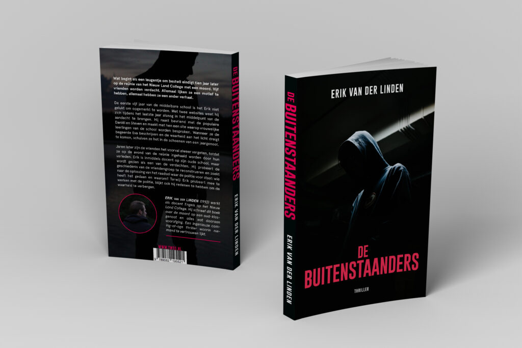 Mock-up van voorkant en achter van thriller De Buitenstaanders